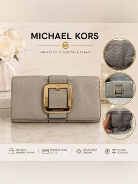 Michael Kors Pebbled Leather Gray Wallet Clutch with Gold Buckle